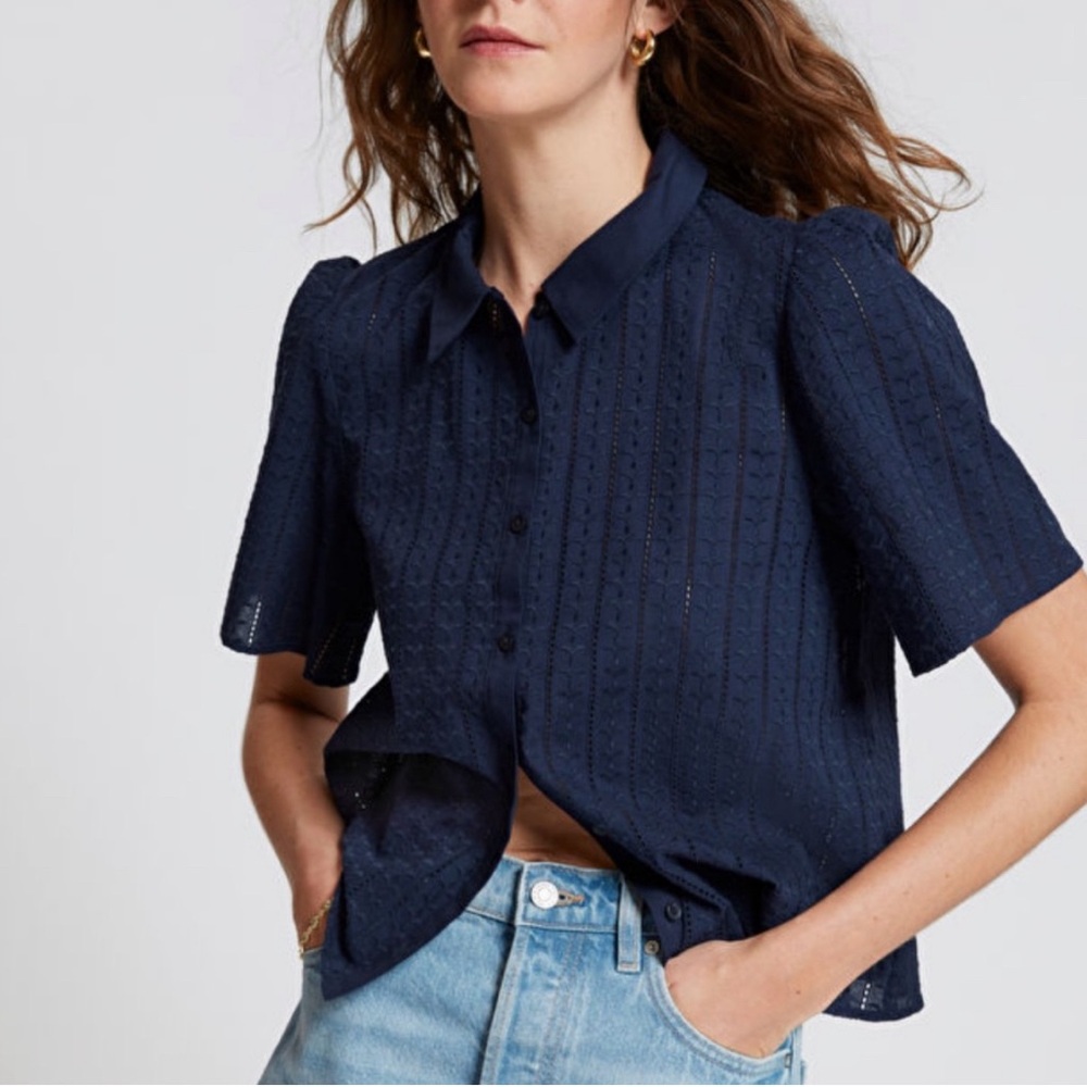 & Other Stories Navy Eyelet Short Sleeve Button-Up Blouse